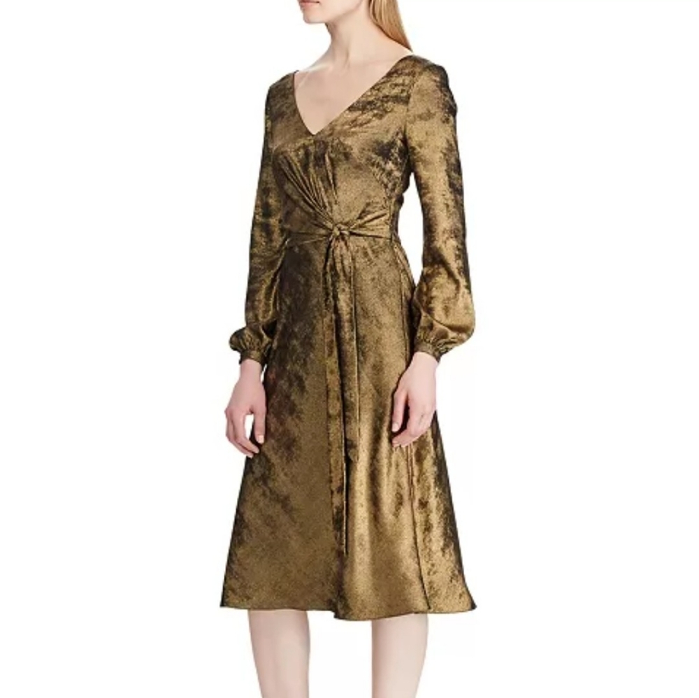 Ralph Lauren Gold Marlette Sateen Faux Wrap Cocktail Dress Long Sleeve Size 18